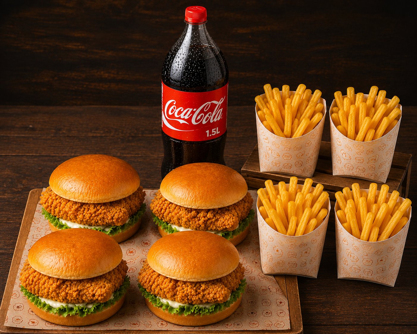 4 Fillet Burgers with 4 Reg Fries & Drinks